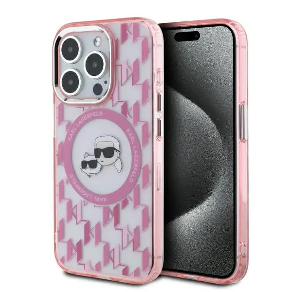 Husa MagSafe pentru Apple iPhone 15 Pro, Karl Lagerfeld, IML Monogram Karl & Choupette's Heads, Roz
