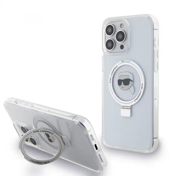Husa MagSafe pentru Apple iPhone 15 Pro, Karl Lagerfeld, Ring Stand Karl's Head, Alba