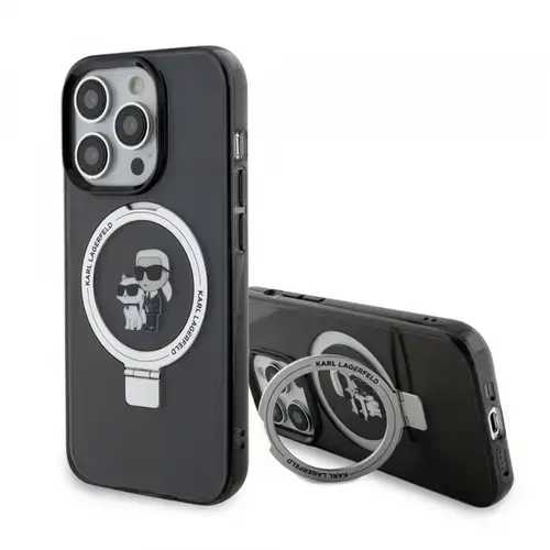 Husa MagSafe pentru Apple iPhone 15 Pro, Karl Lagerfeld, Ring Stand Karl & Choupette, Neagra