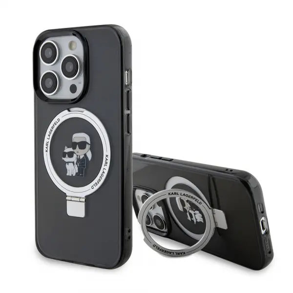 Husa MagSafe pentru Apple iPhone 15 Pro, Karl Lagerfeld, Ring Stand Karl & Choupette, Neagra