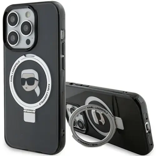 Husa MagSafe pentru Apple iPhone 15 Pro, Karl Lagerfeld, Ring Stand Karl's Head, Neagra