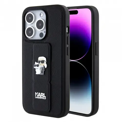 Husa MagSafe pentru Apple iPhone 15 Pro, Karl Lagerfeld, Saffiano Gripstand Karl & Choupette, Neagra