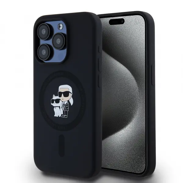 Husa MagSafe pentru Apple iPhone 15 Pro, Karl Lagerfeld, Silicone Karl & Choupette, Neagra