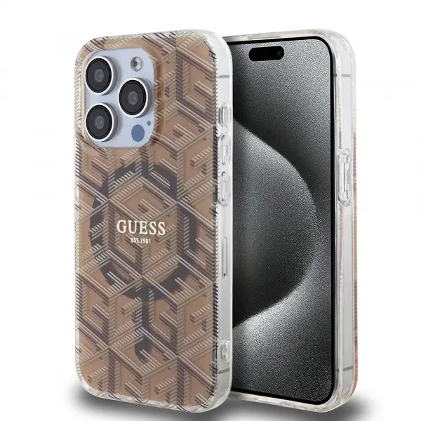 Husa MagSafe pentru Apple iPhone 15 Pro Max, Guess, IML Gcube, Maro