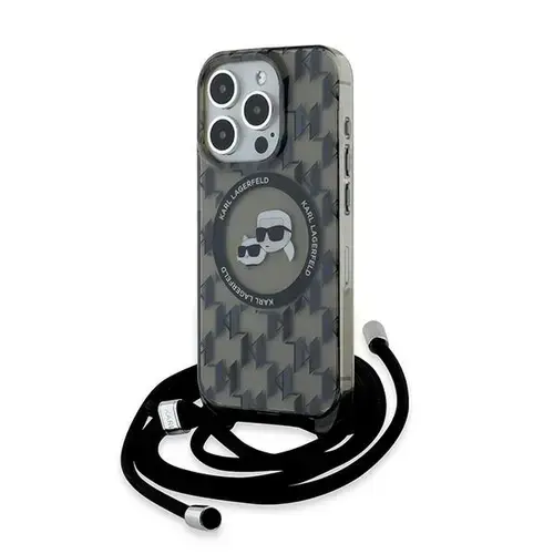 Husa MagSafe pentru Apple iPhone 15 Pro Max, Karl Lagerfeld, IML Crossbody Monogram Karl & Choupette's Heads, Neagra