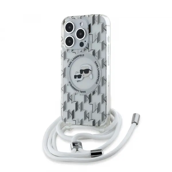 Husa MagSafe pentru Apple iPhone 15 Pro Max, Karl Lagerfeld, IML Crossbody Monogram Karl & Choupette's Heads, Transparenta