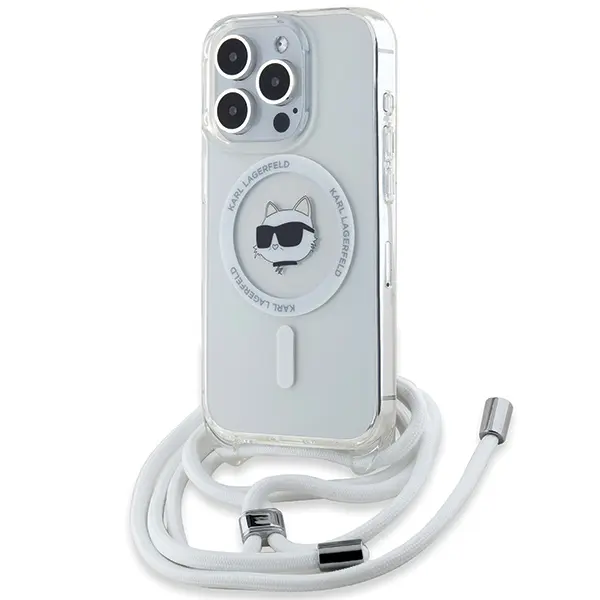 Husa MagSafe pentru Apple iPhone 15 Pro Max, Karl Lagerfeld, IML Crossbody Choupette's Head with Strap, Transparenta