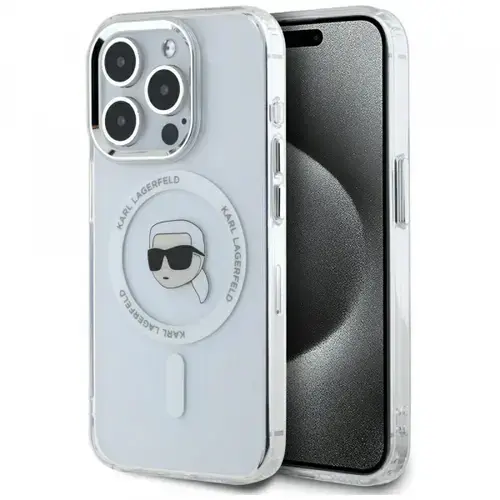 Husa MagSafe pentru Apple iPhone 15 Pro Max, Karl Lagerfeld, IML Metal Karl's Head, Alba