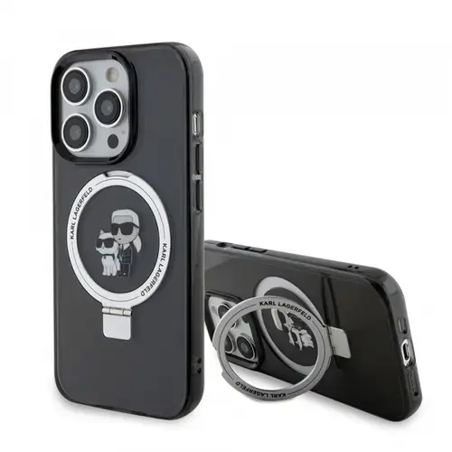 Husa MagSafe pentru Apple iPhone 15 Pro Max, Karl Lagerfeld, Ring Stand Karl & Choupette, Neagra