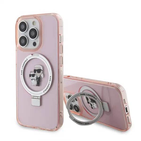 Husa MagSafe pentru Apple iPhone 15 Pro Max, Karl Lagerfeld, Ring Stand Karl & Choupette, Roz