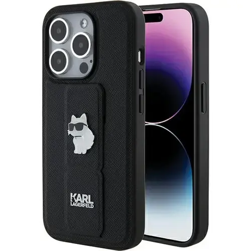 Husa MagSafe pentru Apple iPhone 15 Pro Max, Karl Lagerfeld, Saffiano Gripstand Choupette, Neagra