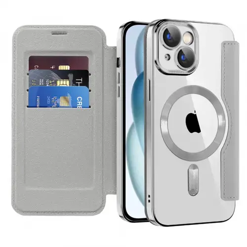 Husa MagSafe pentru Apple iPhone 15, Techsuit, SmartMag Book, Gri