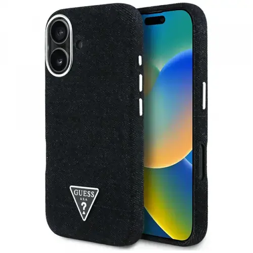 Husa MagSafe pentru Apple iPhone 16, Guess, Denim Triangle Logo, Neagra