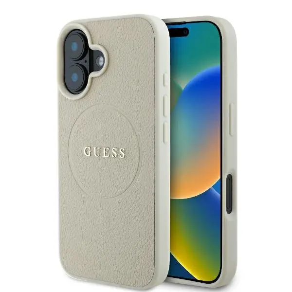 Husa MagSafe pentru Apple iPhone 16, Guess, Grained Gold Ring, Bej