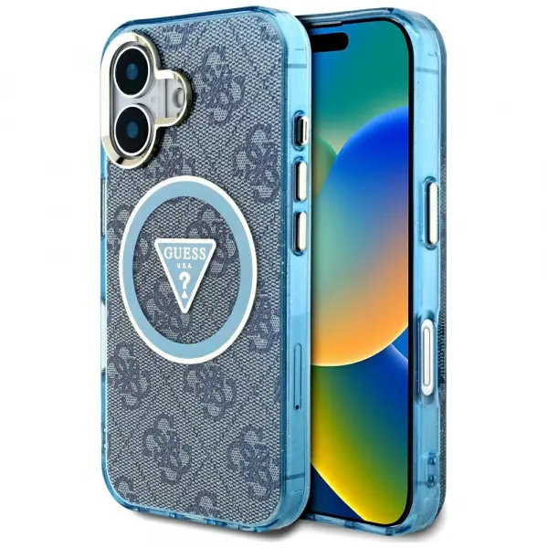 Husa MagSafe pentru Apple iPhone 16, Guess, IML Glitter 4G Circle Triangle, Albastra