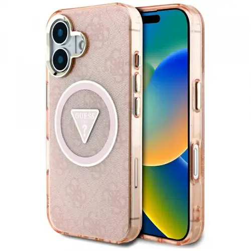 Husa MagSafe pentru Apple iPhone 16, Guess, IML Glitter 4G Circle Triangle, Roz