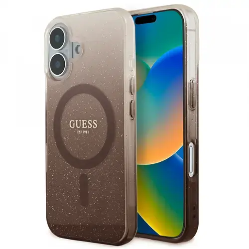 Husa MagSafe pentru Apple iPhone 16, Guess, IML Glitter Gradient, Maro