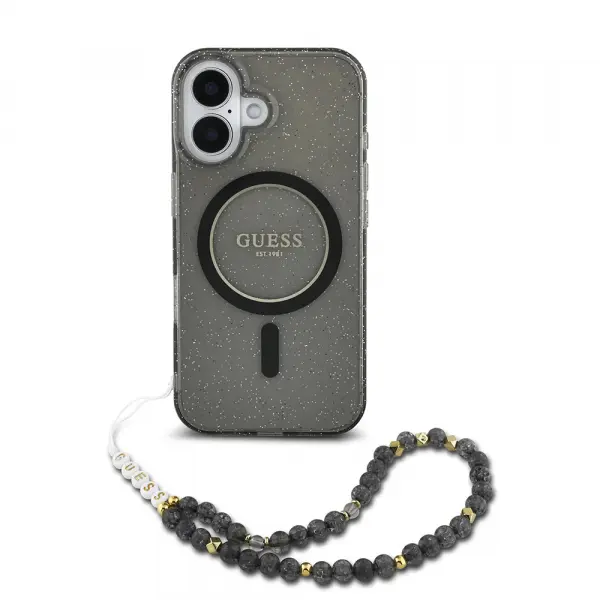 Husa MagSafe pentru Apple iPhone 16, Guess, IML Glitter with Pearl Strap, Neagra