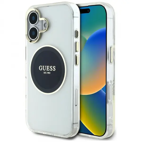 Husa MagSafe pentru Apple iPhone 16, Guess, IML Metal Colored Circle, Neagra