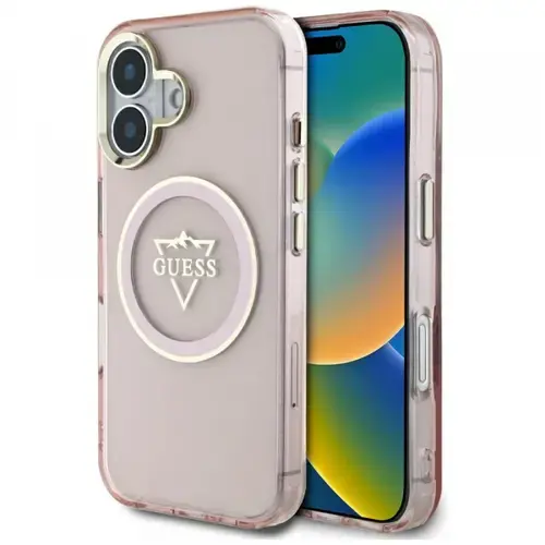 Husa MagSafe pentru Apple iPhone 16, Guess, IML Metal Mountain Logo, Roz