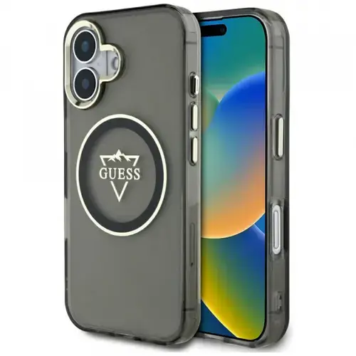 Husa MagSafe pentru Apple iPhone 16, Guess, IML Metal Mountain Logo, Neagra