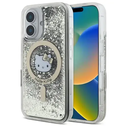 Husa MagSafe pentru Apple iPhone 16, Hello Kitty, Liquid Glitter Fever, Neagra Aurie