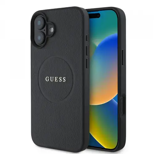 Husa MagSafe pentru Apple iPhone 16 Plus, Guess, Grained Gold Ring, Neagra