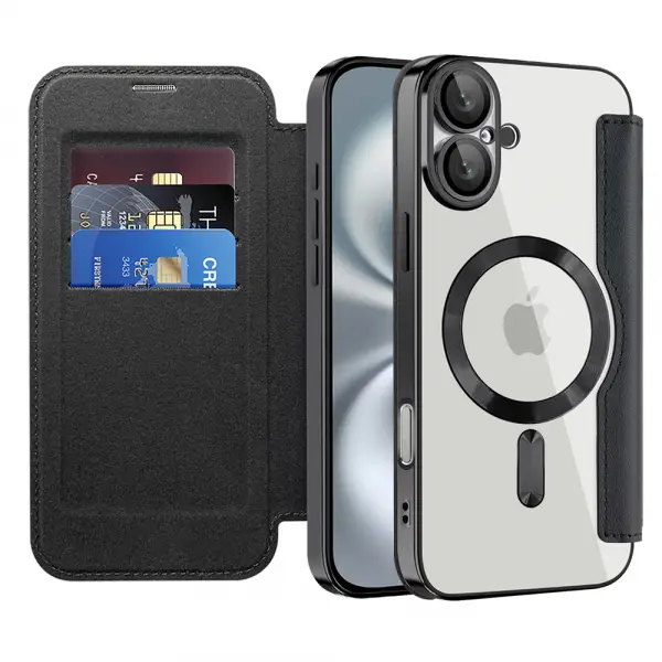 Husa MagSafe pentru Apple iPhone 16 Plus, Techsuit, SmartMag Book, Neagra