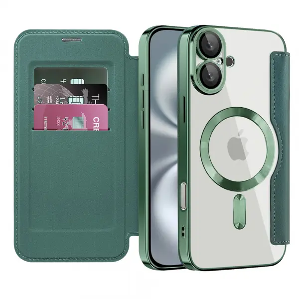 Husa MagSafe pentru Apple iPhone 16 Plus, Techsuit, SmartMag Book, Verde
