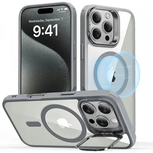 Husa MagSafe pentru Apple iPhone 16 Pro, ESR, Classic Hybrid Kickstand, Gri Transparenta