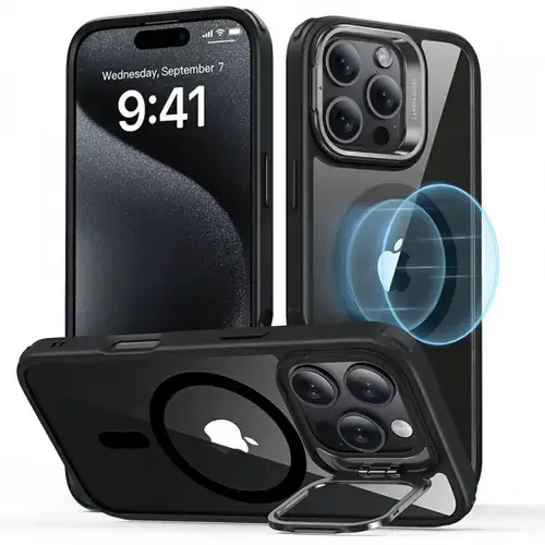 Husa MagSafe pentru Apple iPhone 16 Pro, ESR, Classic Hybrid Kickstand, Neagra Transparenta