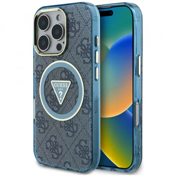 Husa MagSafe pentru Apple iPhone 16 Pro, Guess, IML Glitter 4G Circle Triangle, Albastra