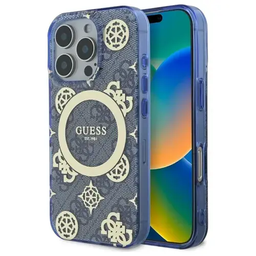 Husa MagSafe pentru Apple iPhone 16 Pro, Guess, IML Peony On 4G Background , Albastra