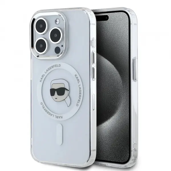 Husa MagSafe pentru Apple iPhone 16 Pro, Karl Lagerfeld, IML Metal Karl's Head, Alba