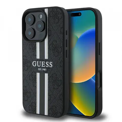 Husa MagSafe pentru Apple iPhone 16 Pro Max, Guess, 4G Printed Stripes, Neagra