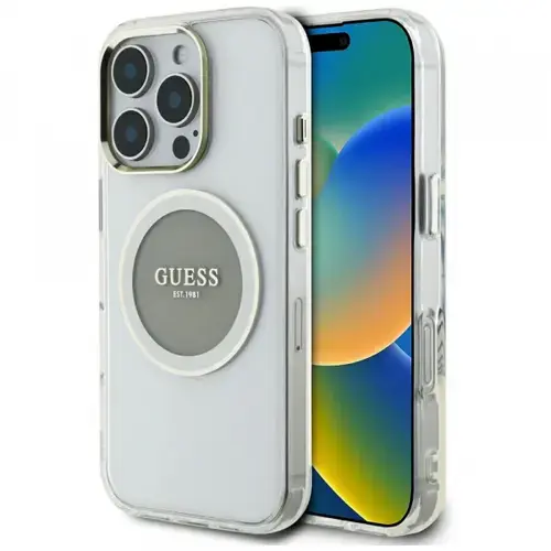 Husa MagSafe pentru Apple iPhone 16 Pro Max, Guess, IML Metal Colored Circle, Gri