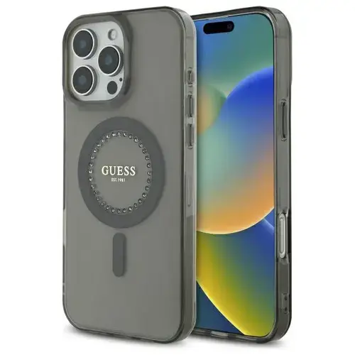 Husa MagSafe pentru Apple iPhone 16 Pro Max, Guess, IML Rhinestone, Neagra