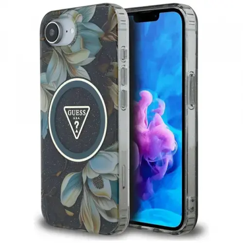 Husa MagSafe pentru Apple iPhone 16e, Guess, IML Metal Glitter Flowers Triangle, Neagra