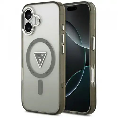 Husa MagSafe pentru Apple iPhone 17, Guess, IML Gradient Triangle Logo, Kaki Argintie