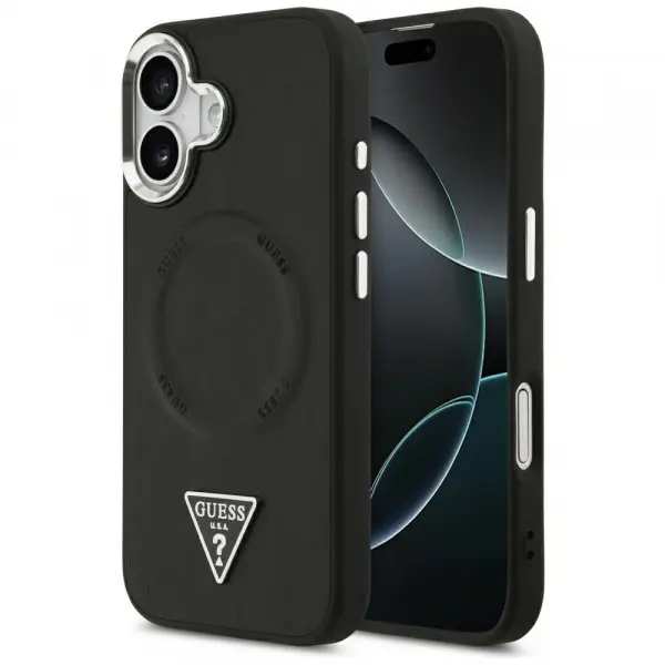 Husa MagSafe pentru Apple iPhone 17, Guess, Triangle Logo, Neagra Argintie