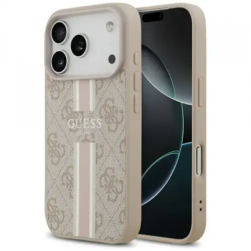 Husa MagSafe pentru Apple iPhone 17 Pro, Guess, 4G Printed Stripes, Roz