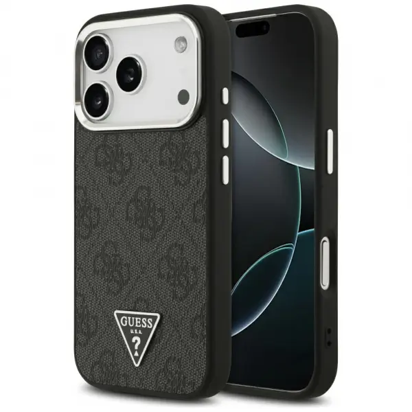 Husa MagSafe pentru Apple iPhone 17 Pro, Guess, 4G Triangle Logo, Neagra Argintie