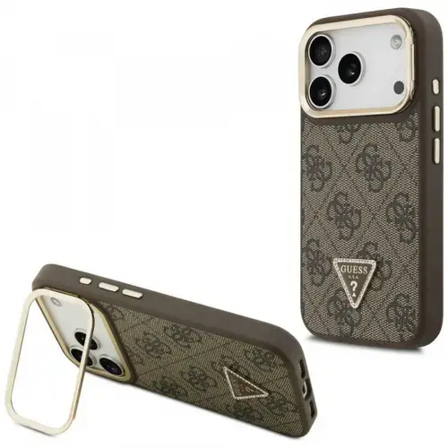 Husa MagSafe pentru Apple iPhone 17 Pro, Guess, 4G Triangle Logo with Stand Camera, Maro Aurie