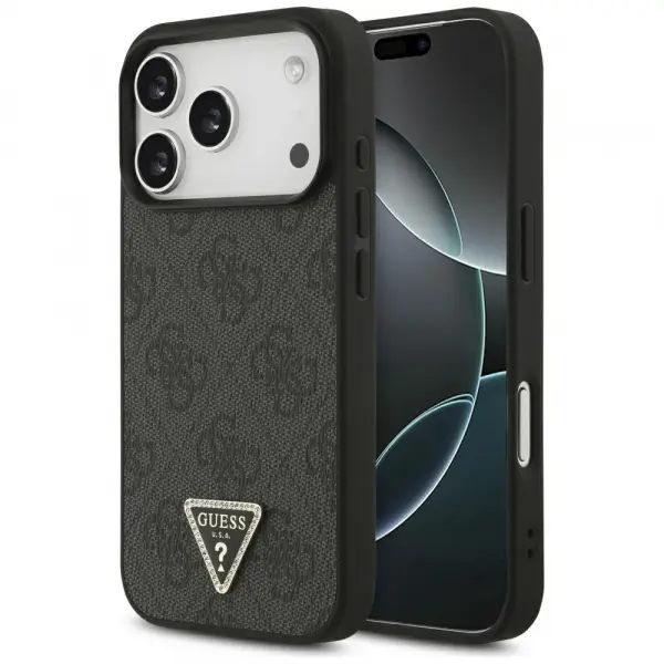 Husa MagSafe pentru Apple iPhone 17 Pro, Guess, 4G Triangle Strass, Neagra