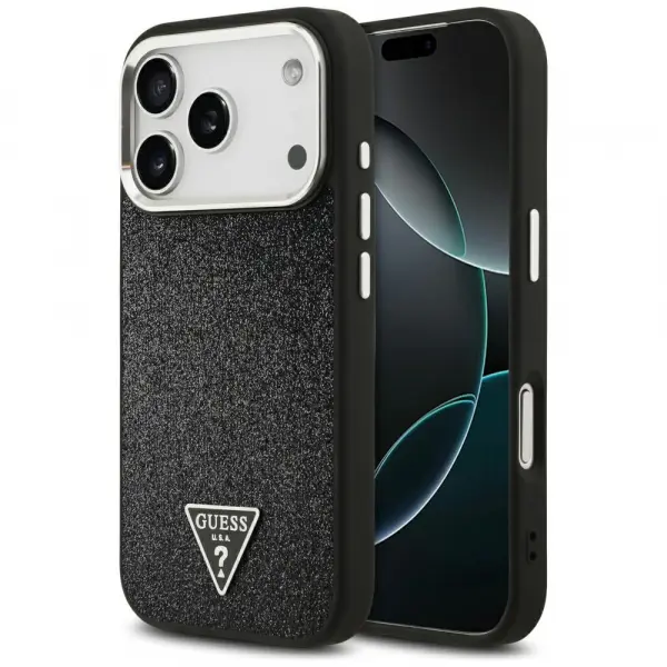 Husa MagSafe pentru Apple iPhone 17 Pro, Guess, Glitter Triangle Logo, Neagra