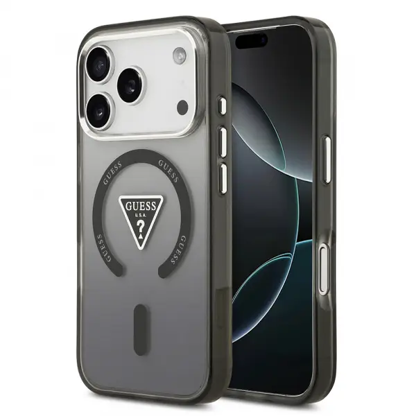 Husa MagSafe pentru Apple iPhone 17 Pro, Guess, IML Gradient Triangle Logo, Neagra Argintie