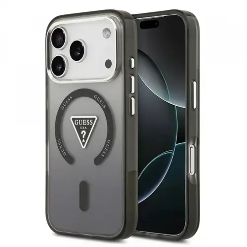Husa MagSafe pentru Apple iPhone 17 Pro, Guess, IML Gradient Triangle Logo, Neagra Argintie