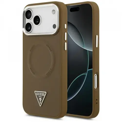 Husa MagSafe pentru Apple iPhone 17 Pro, Guess, Triangle Logo, Maro Argintie