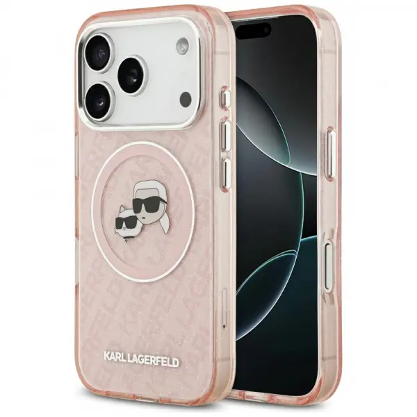 Husa MagSafe pentru Apple iPhone 17 Pro, Karl Lagerfeld, IML Glitter Karl & Choupette`s Heads, Roz