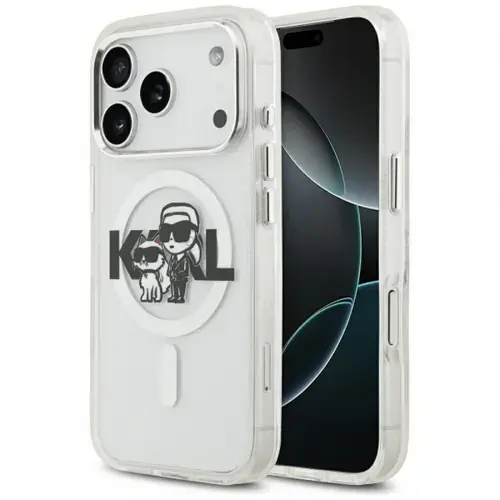 Husa MagSafe pentru Apple iPhone 17 Pro, Karl Lagerfeld, IML Sketch Logo Glitter Karl & Choupette, Transparenta